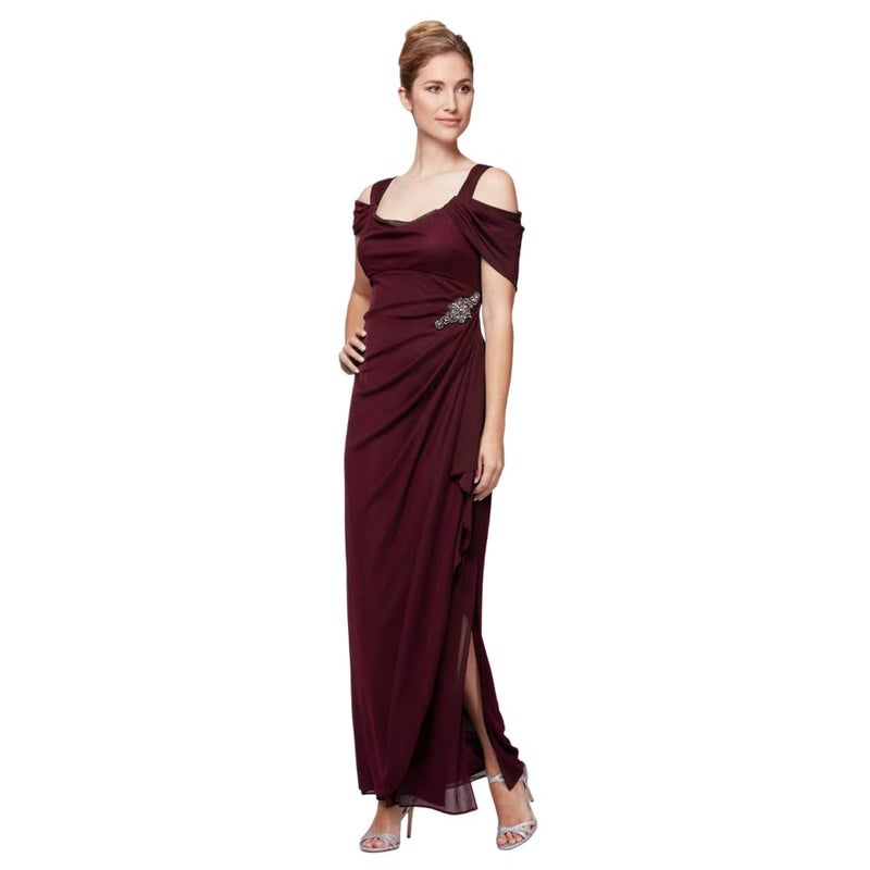 Alex Evenings Women's Long Cold Shoulder Mother of The Bride Dress with Beaded Detail at Hip, (Petite and Regular Sizes), Beaded Wine, 16 - Image 1